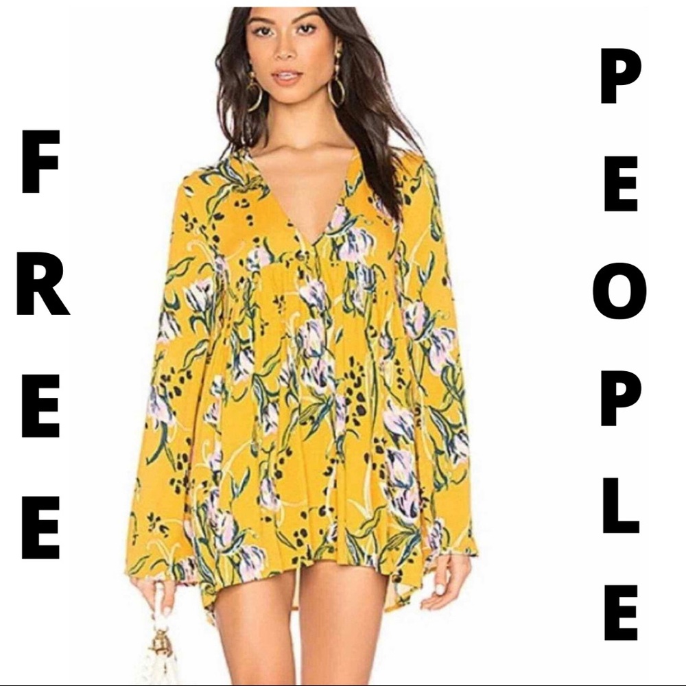 FREE PEOPLE Womens Yellow Floral Bell Sleeve V Neck Tunic Top Size M